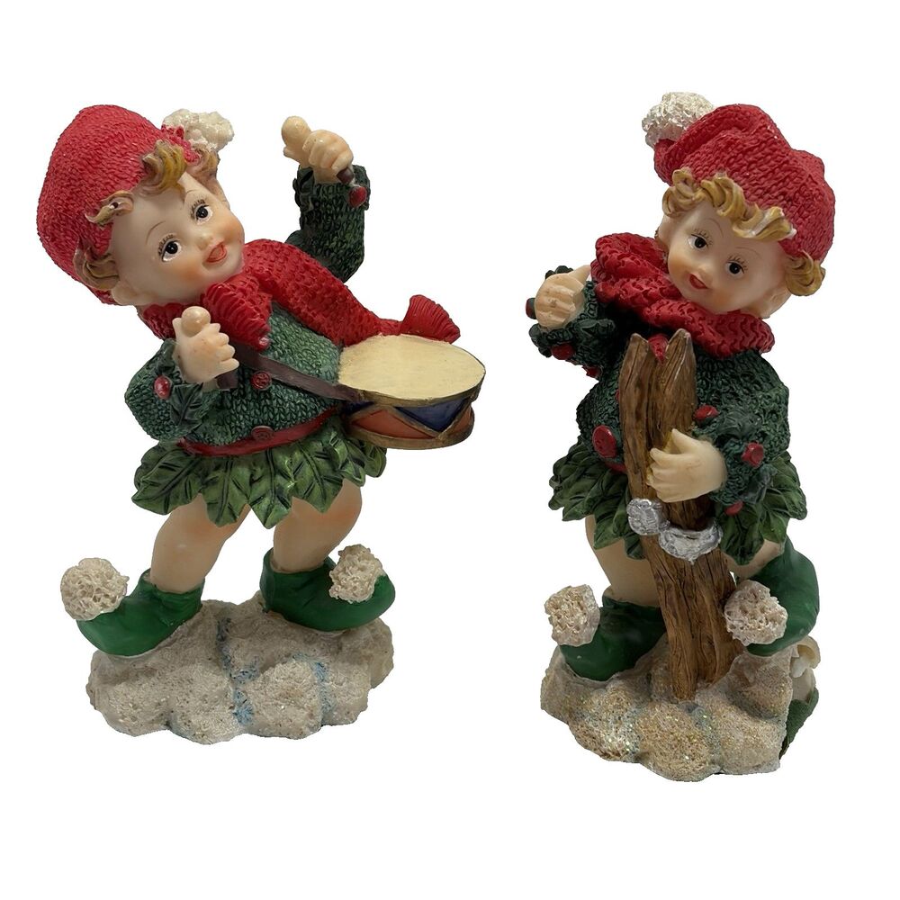 VTG  K's Collection Christmas Elf Set of 2 Drums Skis Santa Hat Holiday Decor 5”